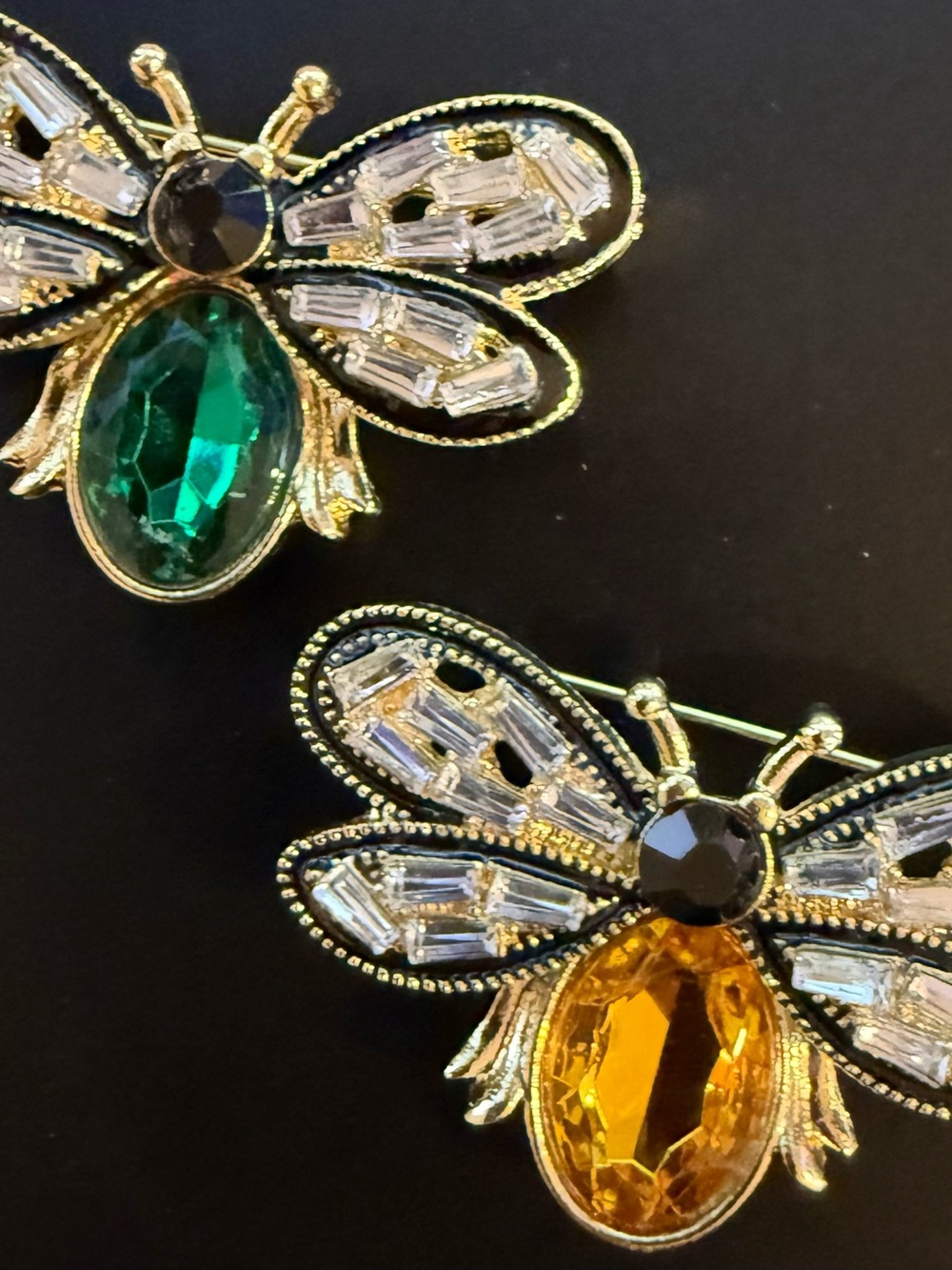 Gold-Tone Bee Brooch Duo with Emerald Green and Amber Stones